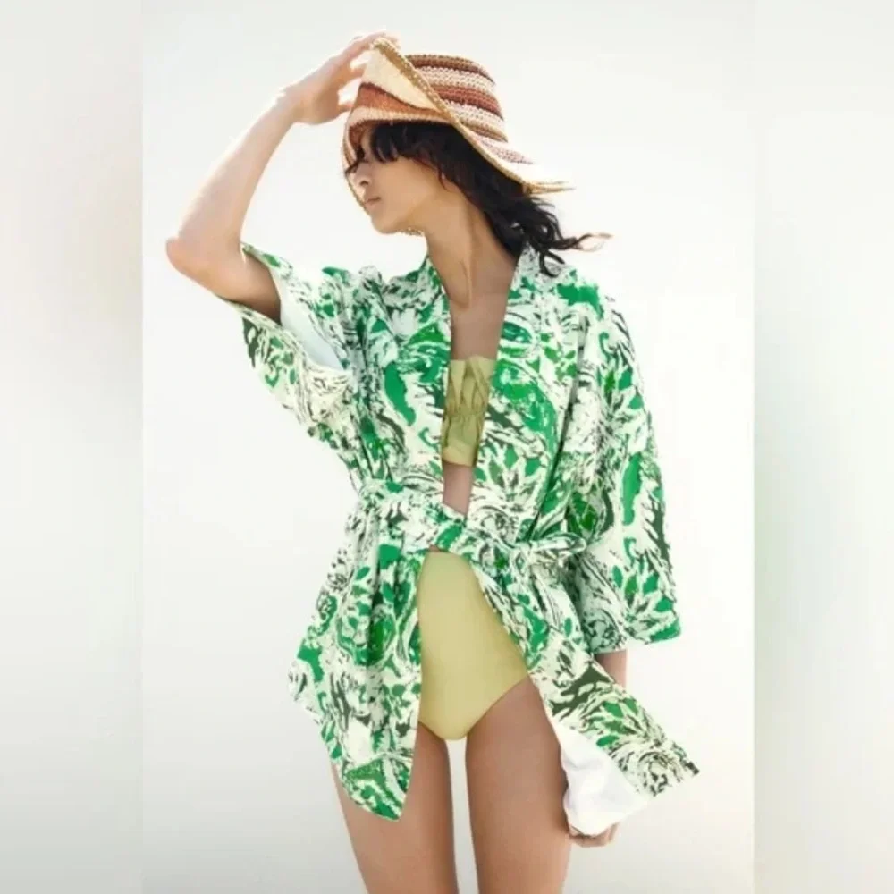 ZARA Linen Blend Printed Kimono Printed ✨ White + Green Size M/L - Picture 2 of 15